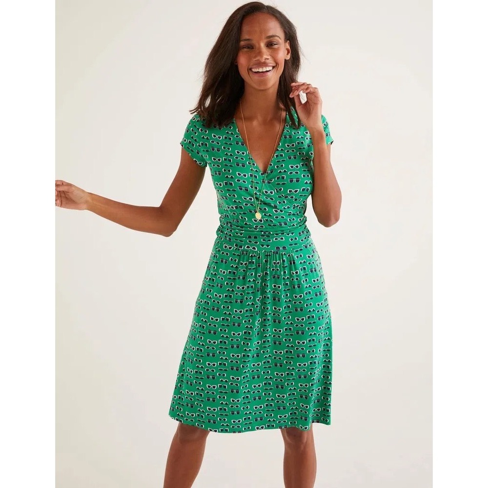 Boden Lola Jersey Dress Green Sunglasses Glasses‎ Print Pockets US 14L EUC
